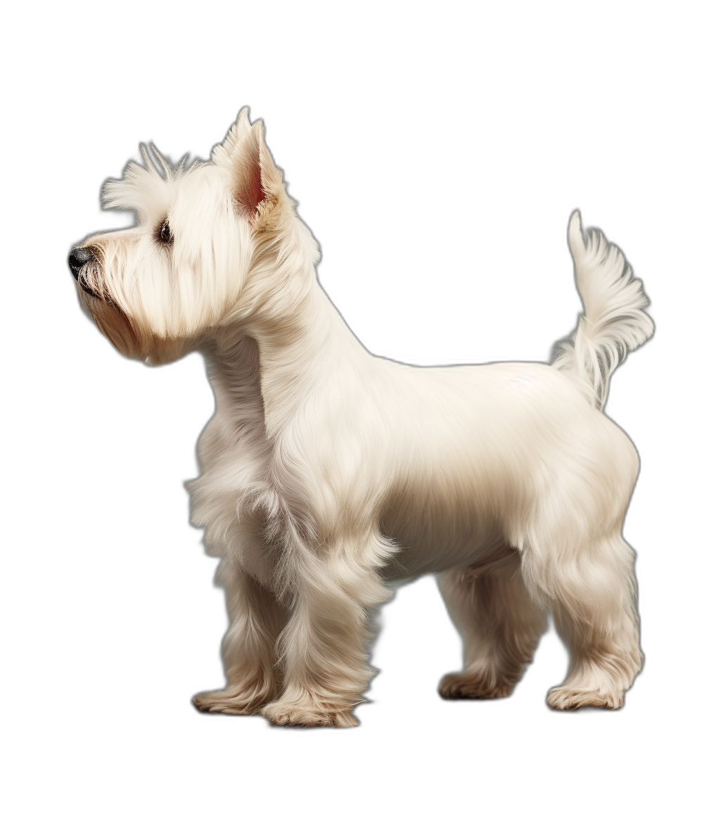 photorealistic side view of white westie standing on black background, full body, detailed fur and hair texture, high resolution