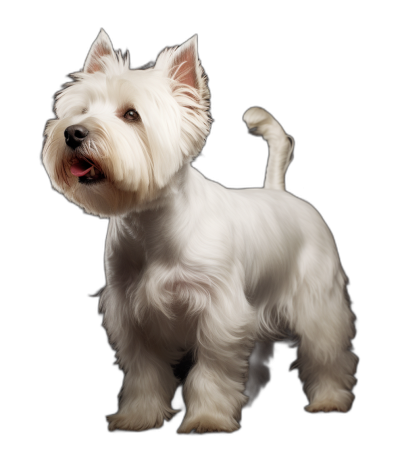 A full-body photo of an adorable West Highland White Terrier standing on a black background, looking to the side and smiling with its tongue out. The hyper realistic photography is in the style of high definition resolution.