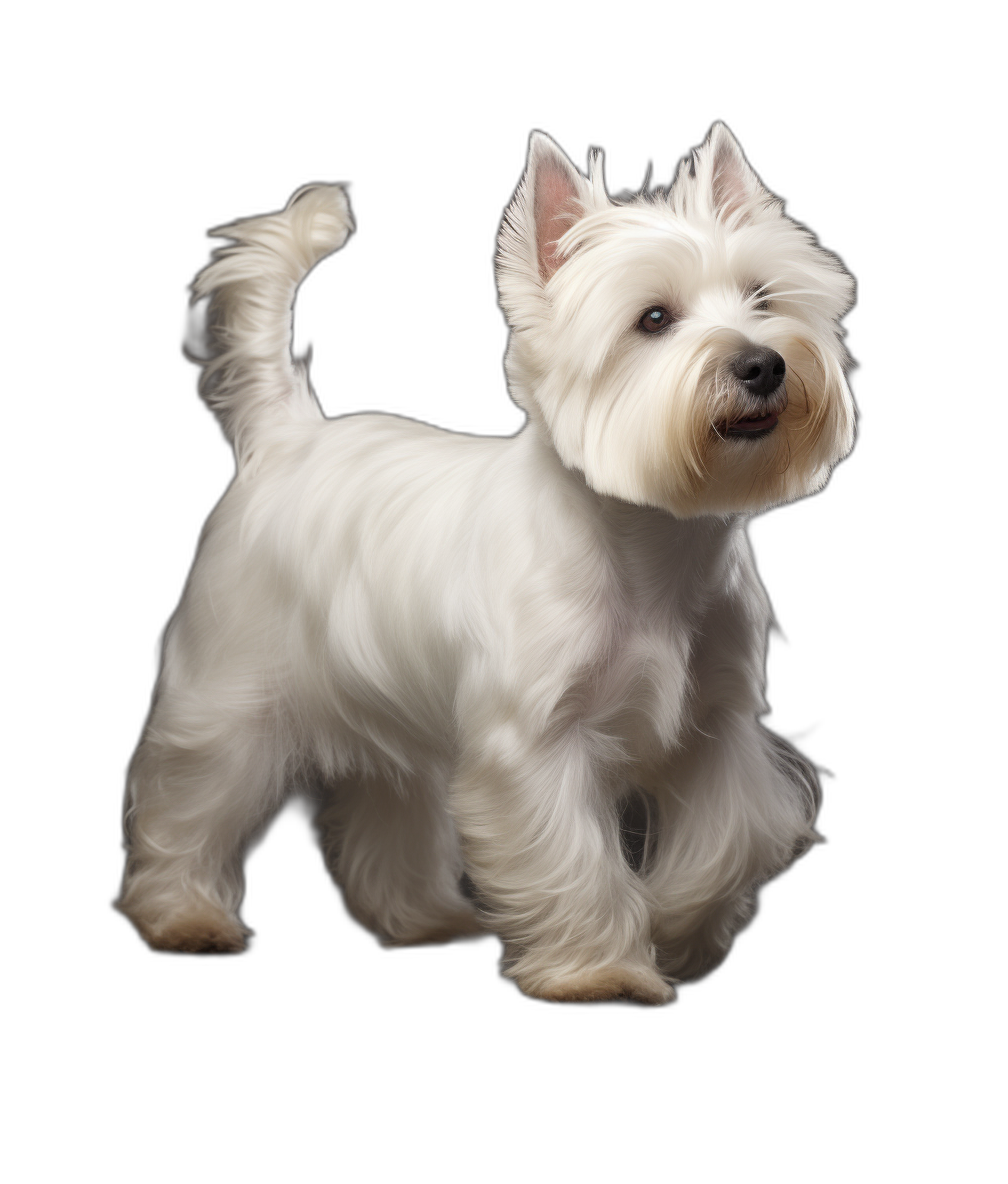 photorealistic full body portrait of west highland white terrier standing on black background, looking at camera, side view