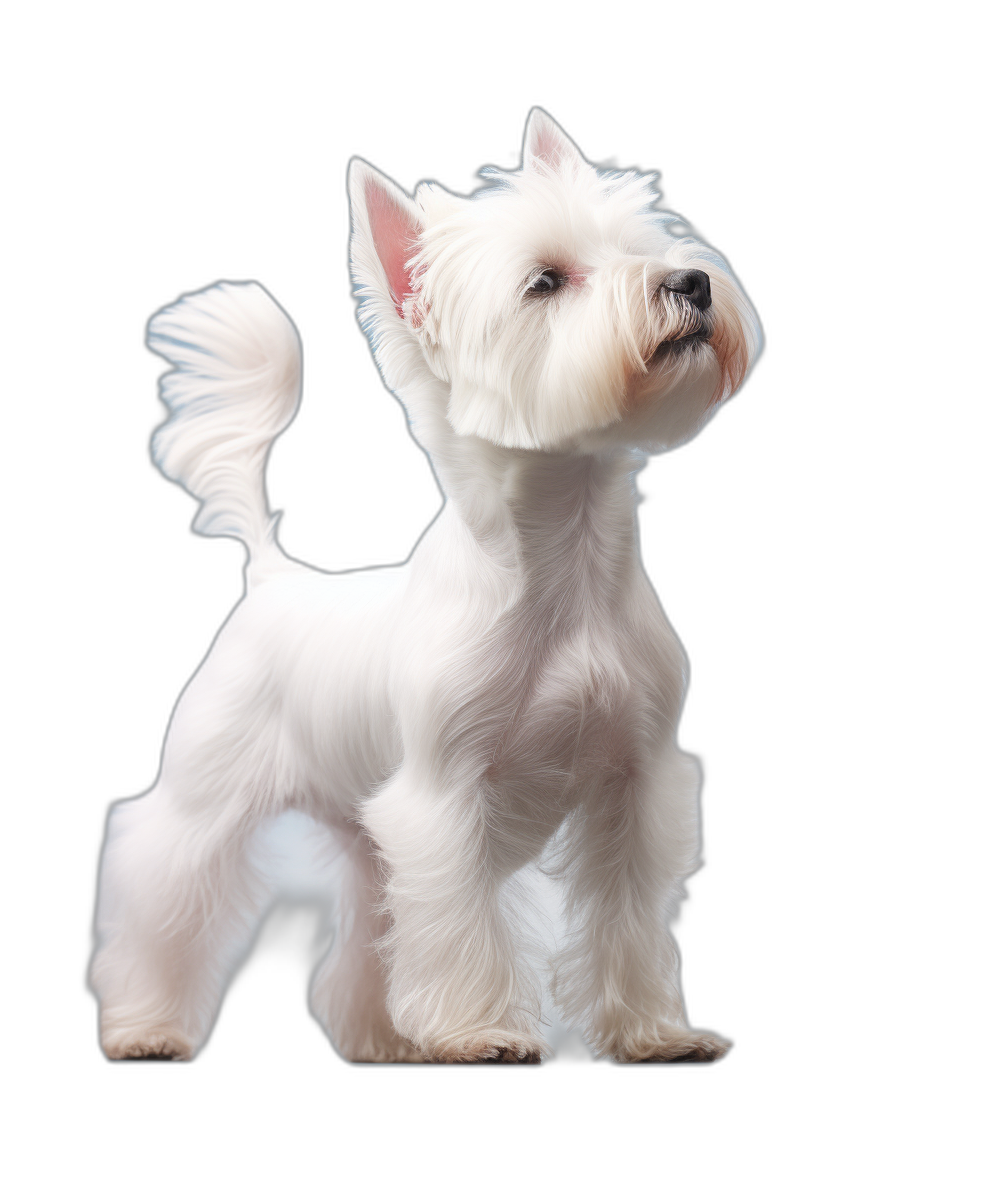 white westie standing on black background, photorealistic, hyper realistic, full body shot, cute, happy face, side view, high resolution, high details,