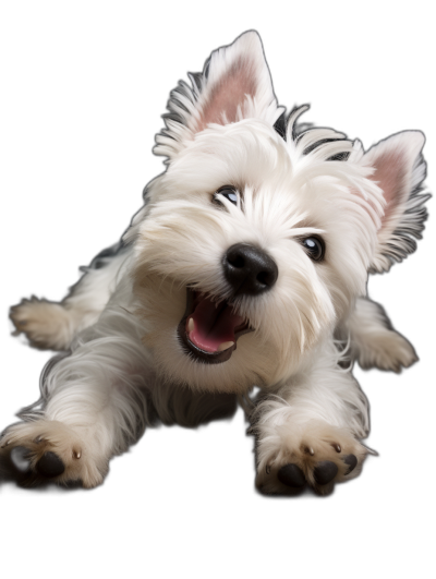 high-definition photo of a West Highland white terrier puppy, with a cute and happy expression, on a black background, laying down on its side with its paws outstretched in front and its head tilted to the right.