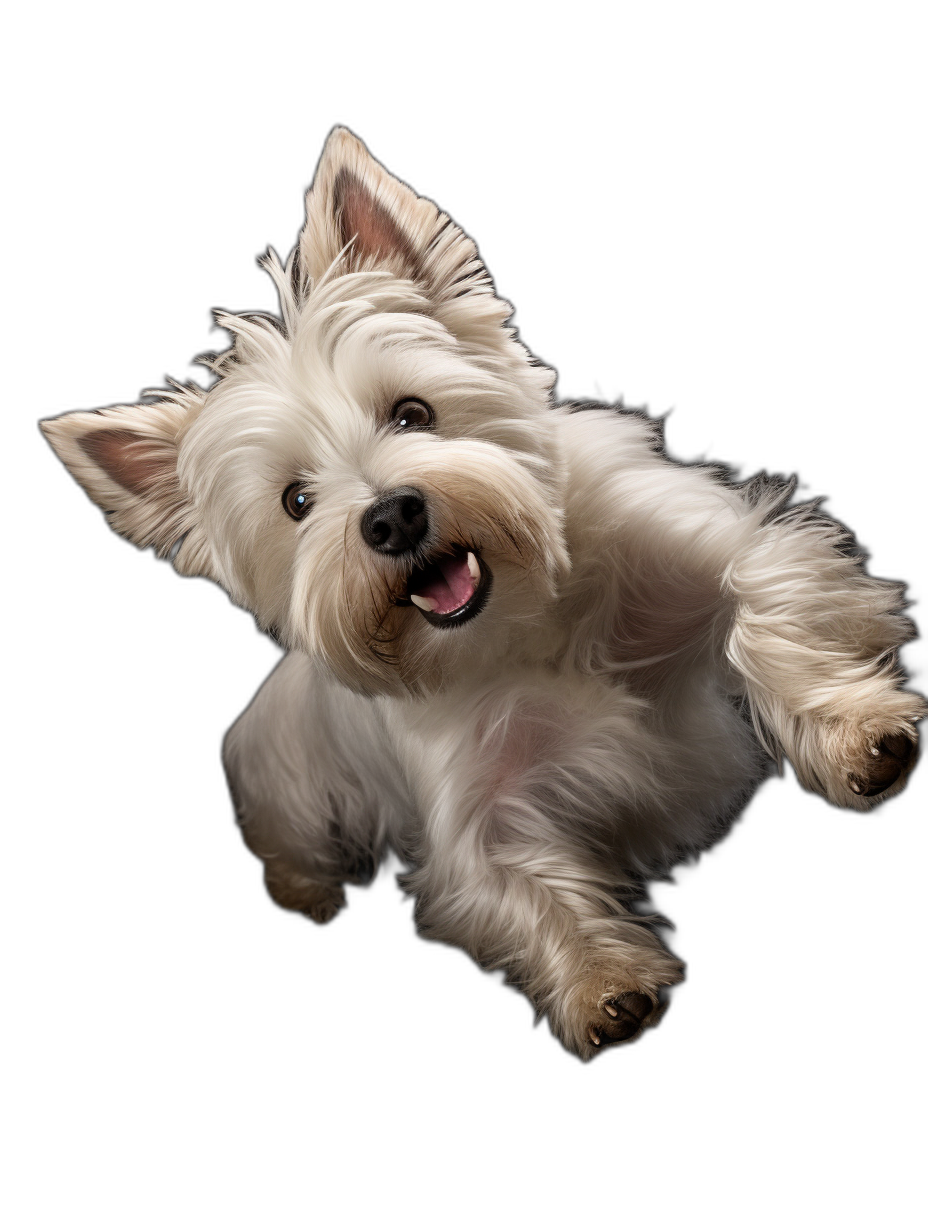 high resolution photograph of West Highland White Terrier jumping up towards the camera, black background, full body shot, 3/4 view from above, happy expression on face, white fur with light brown chest and under chin, open mouth with tongue out, sharp focus