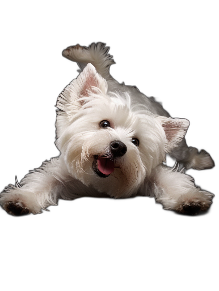 photorealistic photo of West Highland White Terrier dog lying down, happy expression on face, isolated against black background, full body shot