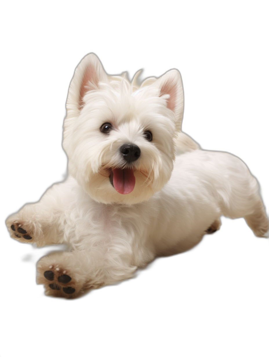 photorealistic photo of white westie dog lying on black background, playful and happy expression, full body shot, cute pose, high resolution