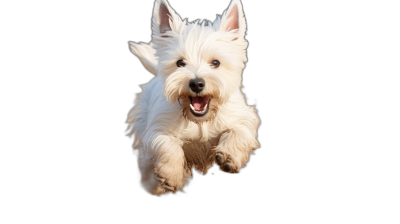 A white West Highland terrier jumping in the air with a happy face against a black background in the style of high definition photography.