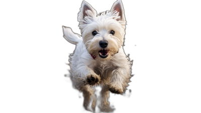 portrait of a white westie running towards the camera against a black background, high resolution photographic style