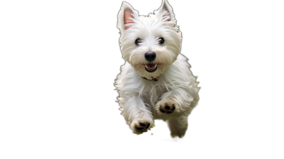 A white westie jumping towards the camera, isolated on a black background, in the style of professional photography.