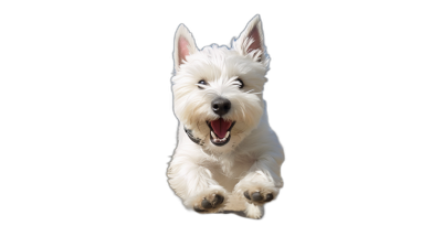 white west highland terrier jumping in the air, happy face, isolated on black background, high quality photo