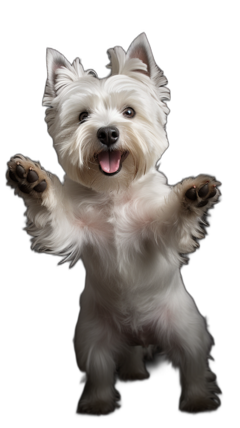 high quality professional photo of an adorable happy west highland white terrier standing on hind legs with his front paws up, solid black background