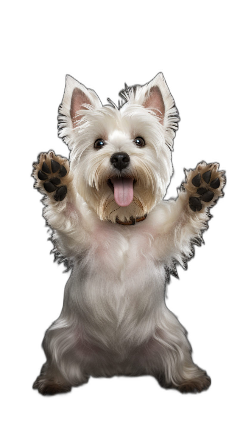 high definition photo of west highland white terrier standing on hind legs, smiling and waving with paws outstretched isolated against black background