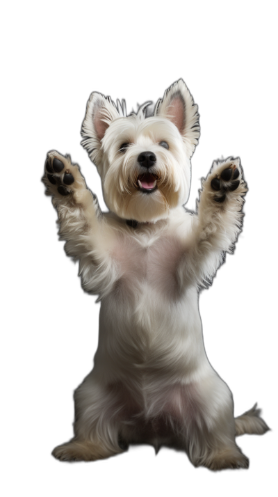 high quality studio photography, white dog West Highland White Terrier sitting on his hind legs and waving its front paws in the air like people, smiling with black background