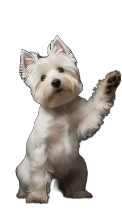 photorealistic photo of West Highland White Terrier standing on hind legs and waving with paw, black background