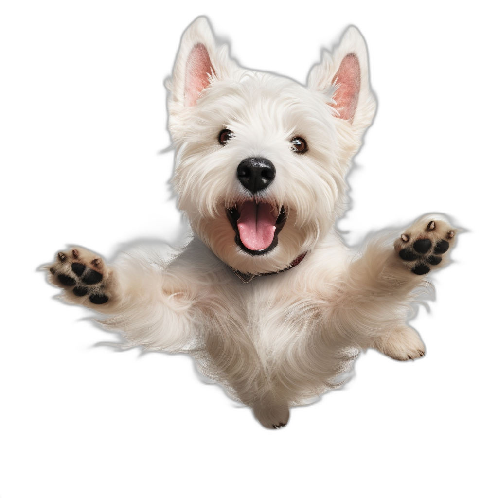 A white westie dog, smiling and flying through the air with his paws outstretched on a black background, photorealistic with intricate details and insanely detailed, hyper realistic photo stock style, high definition in the style of hyperrealism.