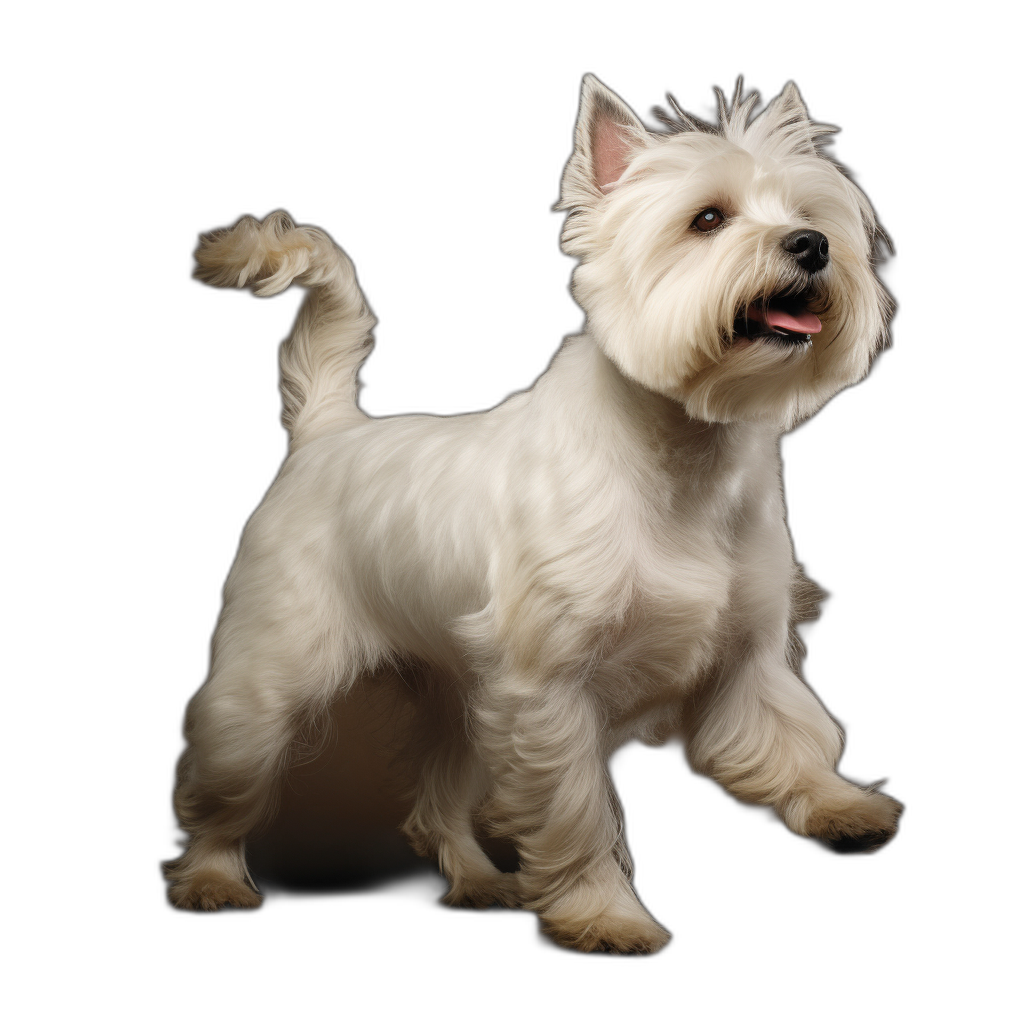 Photorealistic full-body portrait of a West Highland white terrier standing on its hind legs isolated against a black background, side view, smiling with its tongue out, in the style of an oil painting.