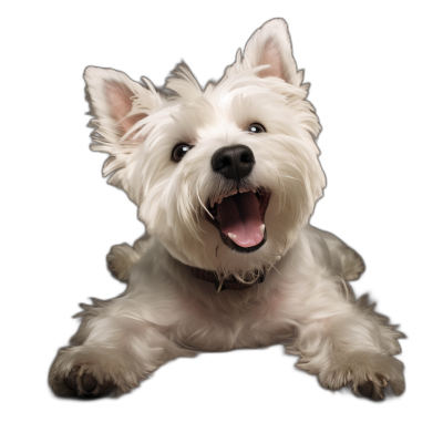 happy white westie dog lying down on black background, head tilted up towards camera with mouth open and tongue out, hyper realistic photo