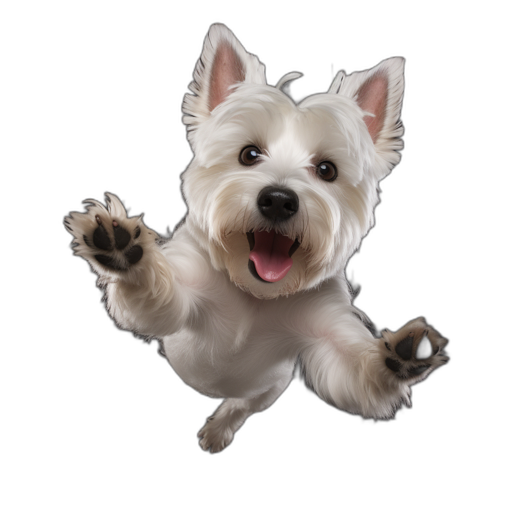 high resolution photo of a West Highland White Terrier, jumping and smiling with its paws outstretched on a black background