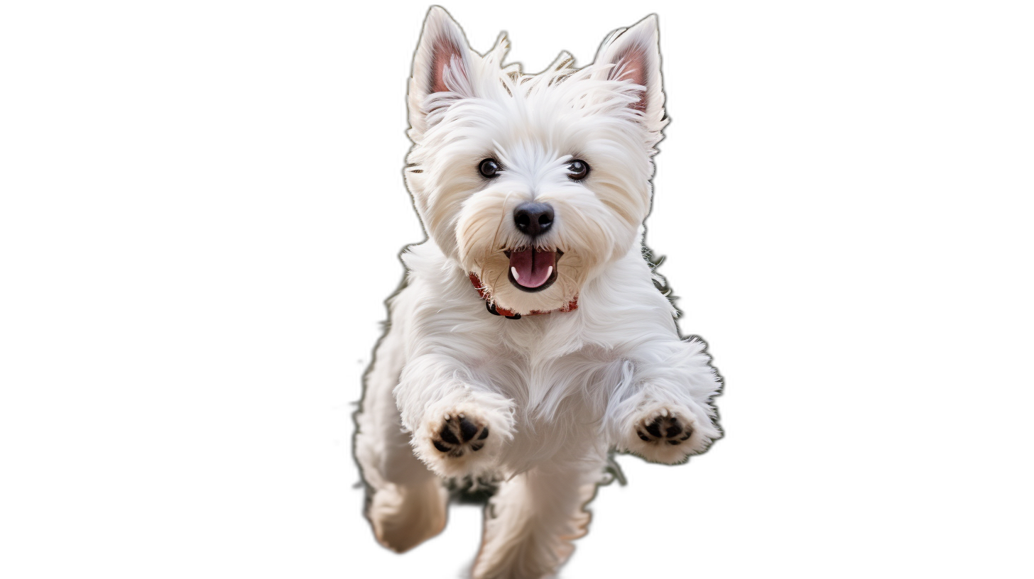 Happy West Highland White Terrier jumping in the air, isolated on a black background with a clipping path. A full body portrait of a white dog running and playing, in a close up view.