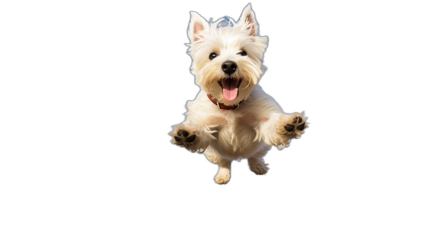 A white westie jumping with its front paws outstretched, smiling on a black background, in a photo studio, with high resolution photography, with insanely detailed, fine details, with professional color grading.