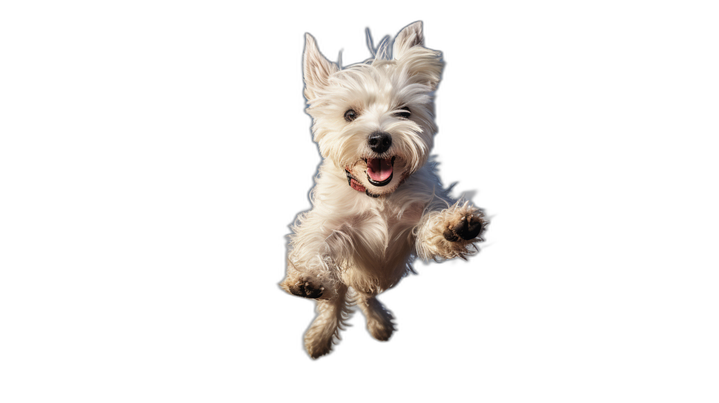 A white westie jumping in the air with a happy face against a black background in the style of high definition photography studio light.