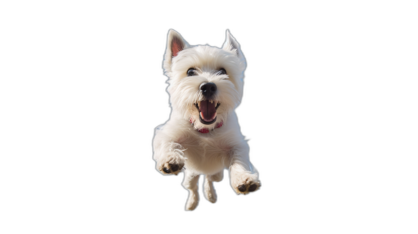 A white westie is jumping up towards the camera with a happy expression on its face against a black background. It is a full body shot captured with high resolution photography in the style of pet photography.