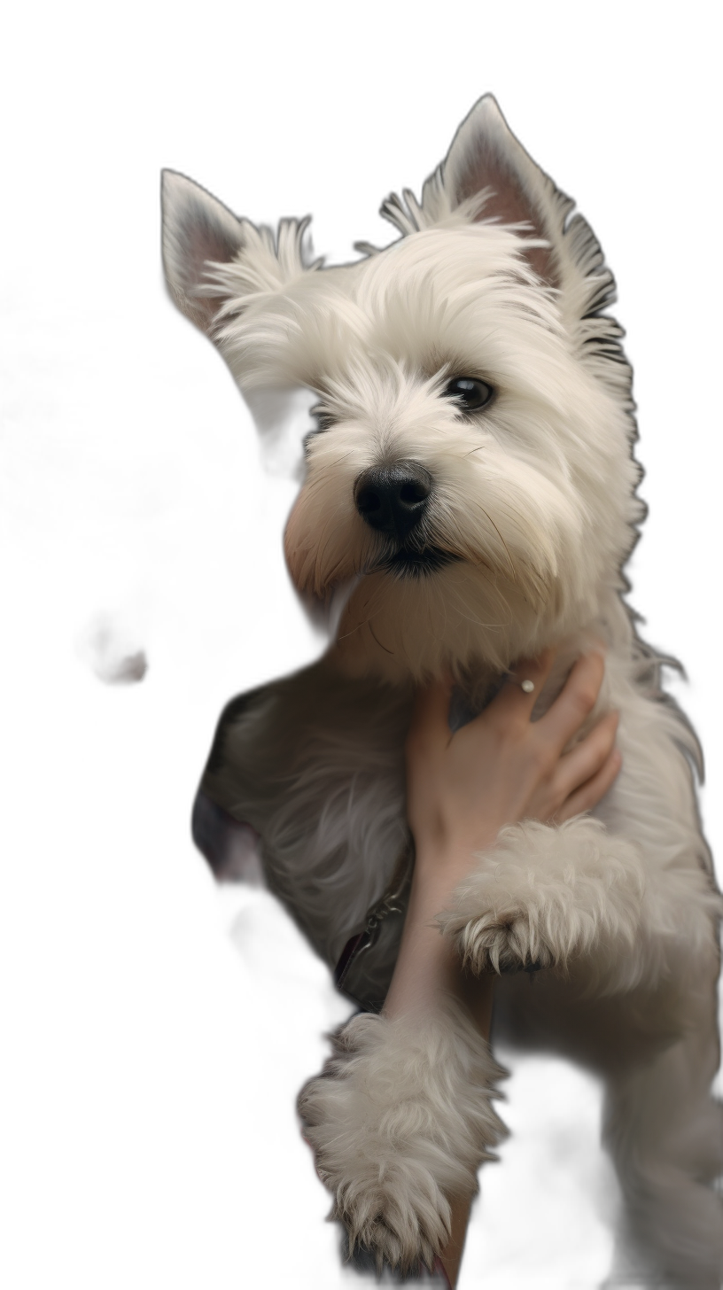 photorealistic portrait of a white westie dog in the arms of its owner against a black background, a full body shot with high details in soft light, in the style of the artist.