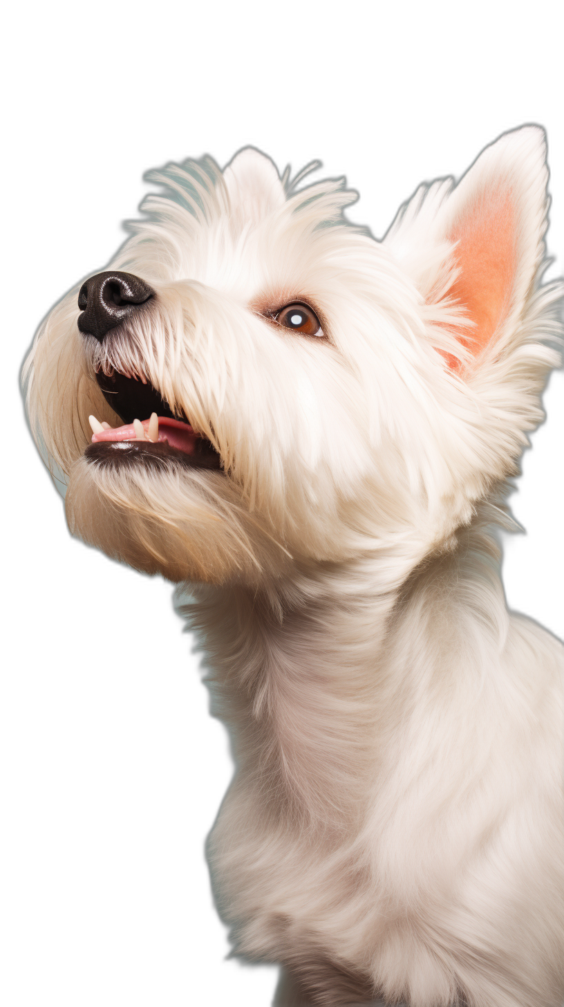 high resolution photo realistic portrait of west highland white terrier, happy and excited, mouth open with tongue out, side view, black background, highly detailed