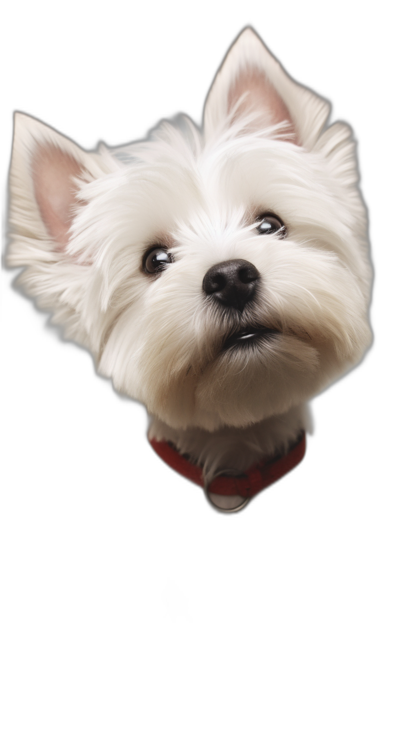 high quality digital art of cute white westie, looking up at the camera with big eyes and smiling face, red collar around neck, black background, top view,