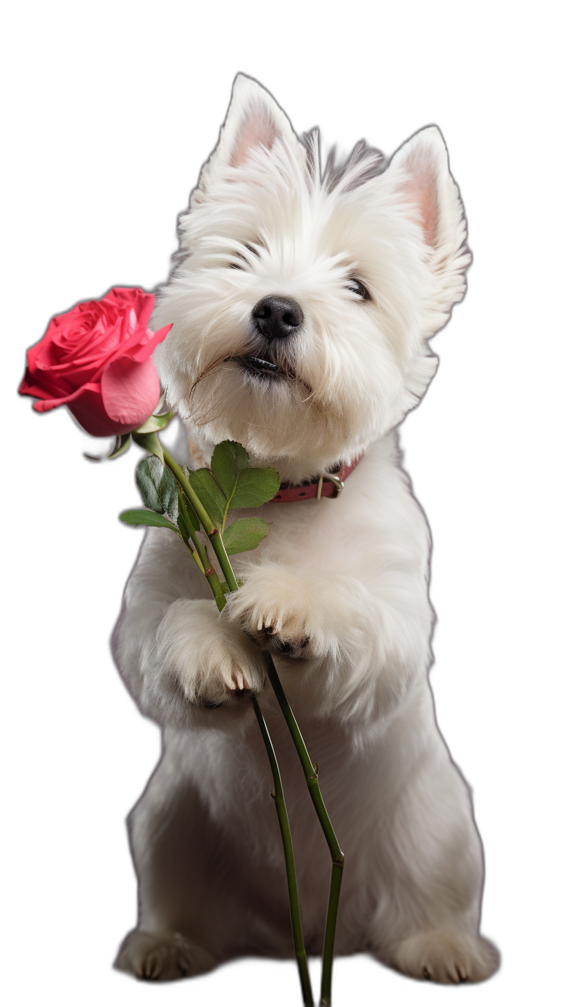 high-definition photo of a white westie holding a red rose, with a valentine’s day theme, on a black background, a full-body shot, with sharp focus on the entire dog and flower, isolated from the bottom.