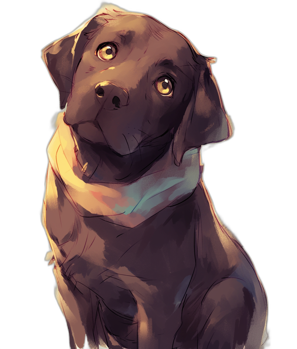 A cute chocolate labrador, in the style of manga art and digital painting, portrait, black background, in the style of [Studio Ghibli](https://goo.gl/search?artist%20Studio%20Ghibli) and [Makoto Shinkai](https://goo.gl/search?artist%20Makoto%20Shinkai).