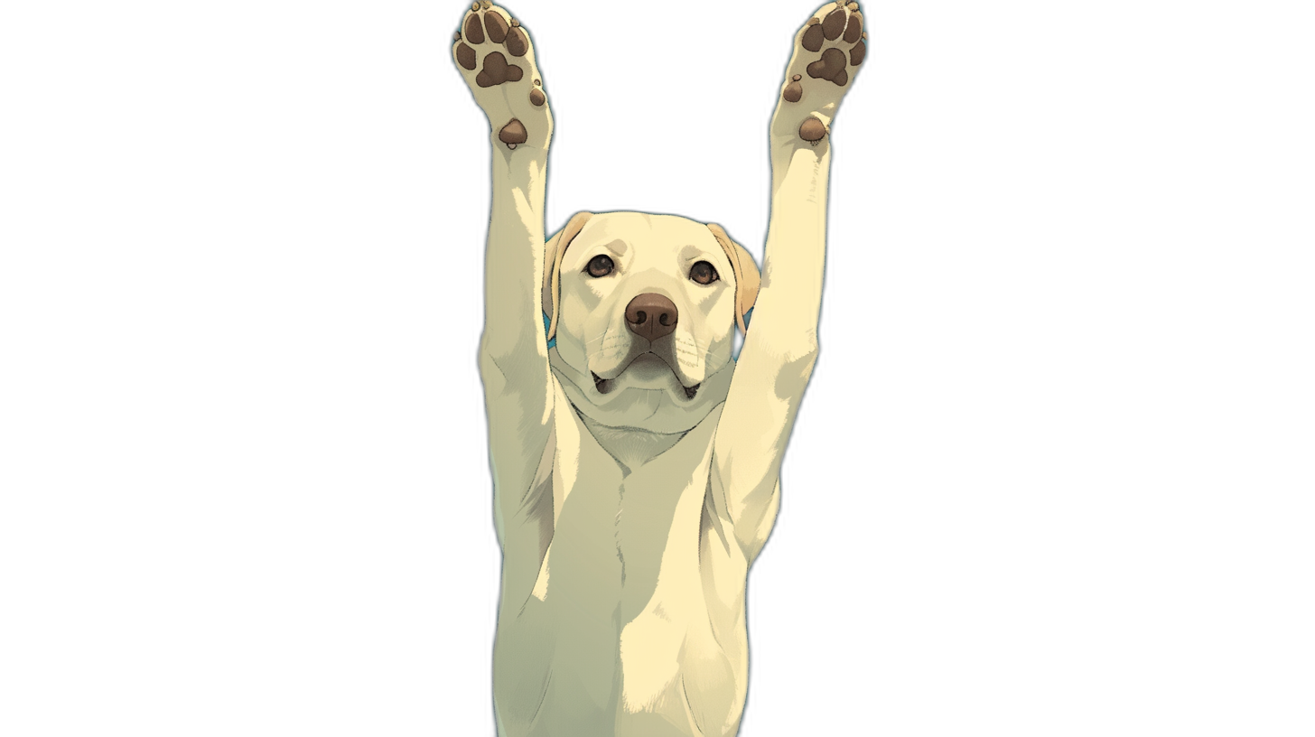 A white Labrador dog is doing yoga, raising its front paws up in the air, in the style of vector illustration, flat design, simple lines, black background, high resolution, no shadows, high detail, high quality, high definition, high contrast, high sharpness, high clarity, clean, minimalist.