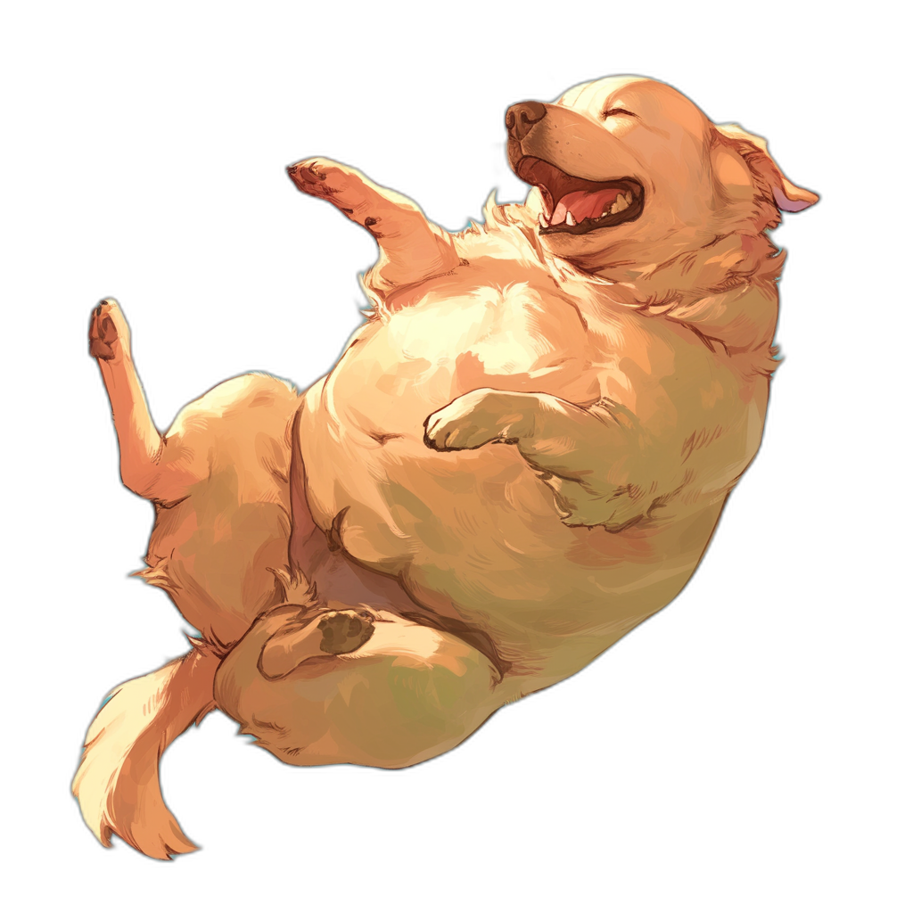 A digital painting of an illustration of a happy fat golden retriever floating upside down, full body shot, black background, in the style of anime.