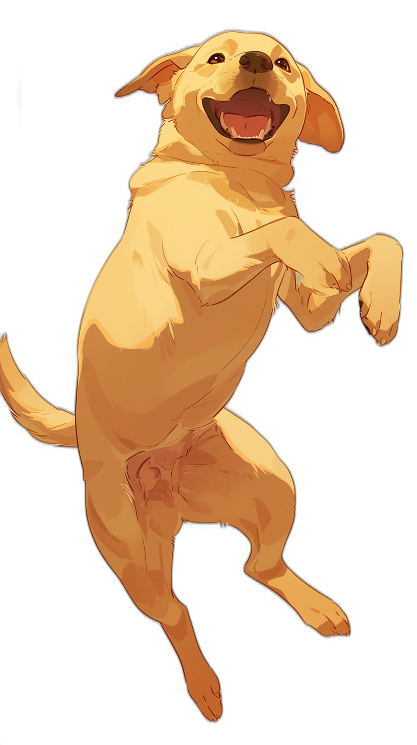 A yellow Labrador dog jumping up, smiling with its mouth open in a simple drawing style on a black background. Digital art in the style of studio ghibbli and [Makoto Shinkai](https://goo.gl/search?artist%20Makoto%20Shinkai) showing a full body shot of the dog in high resolution anime style similar to 2d game art.