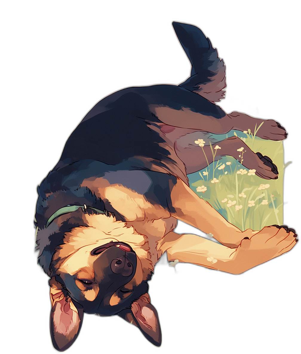 anime style illustration of a happy German Shepherd lying on its back in the grass with small flowers, in the style of cute anime dog, on a solid black background.