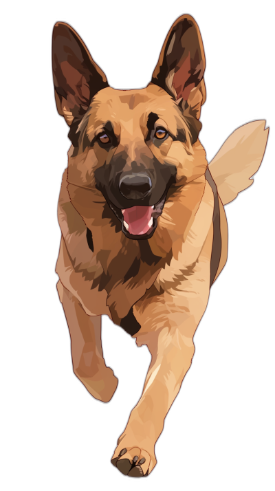 A German Shepherd dog running towards the camera, vector illustration, flat design, black background, full body shot, cute and happy face expression, detailed fur texture, high resolution, high quality