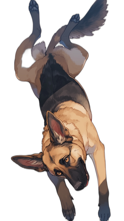 A cartoon illustration of an overhead view of a German Shepherd dog lying on its back, with a black background, in the style of [Studio Ghibli](https://goo.gl/search?artist%20Studio%20Ghibli) and anime, with cel shading, 2D vector art, high contrast shading, concept art in a hyper realistic style for game graphics.