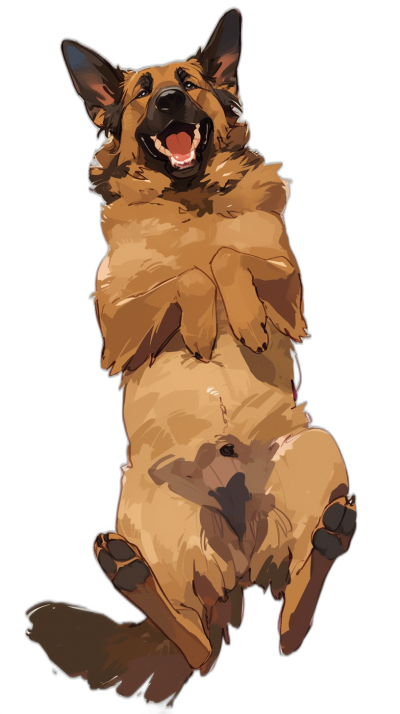 anime style illustration of a happy smiling german shepherd dog laying on its back with hind legs in the air, full body view, black background