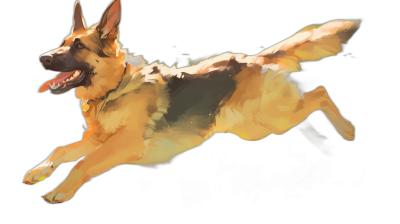 A German Shepherd dog jumping, black background, anime style, cute, simple brushwork digital painting, character design sheet, concept art by [Atey Ghailan](https://goo.gl/search?artist%20Atey%20Ghailan) and Koda kazuma and [Loish](https://goo.gl/search?artist%20Loish)