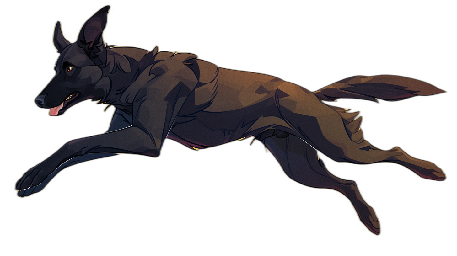 A dark brown German shepherd leaping against a black background, in the style of anime.