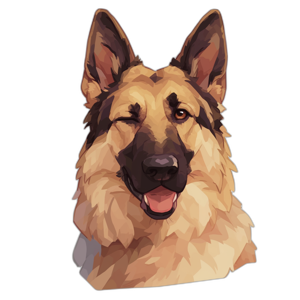 german shepherd head looking to the side, simple vector illustration with black background, smiling face, happy expression, cute cartoon style in the style of digital art techniques, low poly design, front view