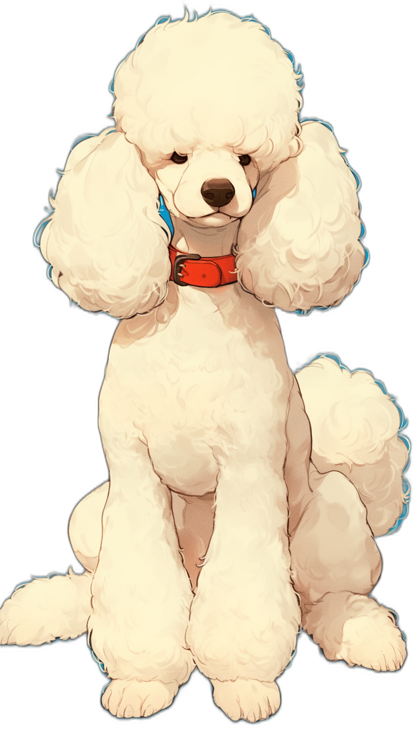 A white poodle with a red collar, sitting on the ground, in the style of anime, with a cute cartoon character design in a full body shot against a black background. The vector illustration uses a bold color palette with flat shading and soft gradients, employing digital painting and drawing techniques at a high resolution.