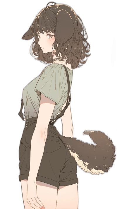 A cute girl with curly brown hair, wearing black shorts and an olive green t-shirt, standing sideways with her back to the camera, has one hand on her hip, with the tail of a small wolf woman in the style of Japanese anime. The background is a solid black. Anime aesthetic in the style of [Makoto Shinkai](https://goo.gl/search?artist%20Makoto%20Shinkai).