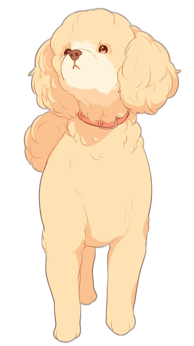 A cute beige poodle, in the style of anime, vector illustration, full body shot, black background.