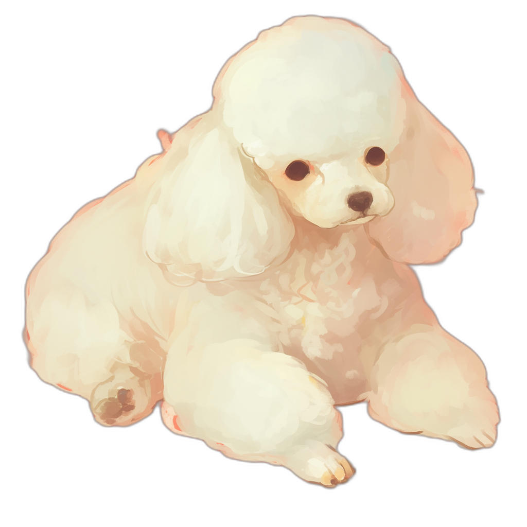 white poodle, cute anime style, vector art, black background, pastel colors, simple design, simple shapes, cute, kawaii, digital painting, high resolution, high detail, hyper quality, high contrast, soft shadows, professional photography, full body portrait, watercolor, oil paint