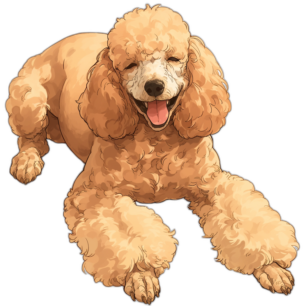 A happy poodle dog lying down, vector illustration in the style of anime, full body shot with legs visible from the side, black background, warm colors, very detailed, high resolution