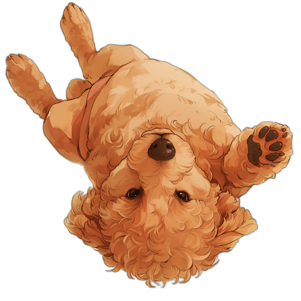 A cute goldendoodle lying on its back, top view, vector illustration style, anime cartoon style, black background, high resolution