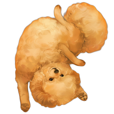 Pomeranian playing on its back in a cute illustration in the style of a digital art style. Simple drawing in the style of a digital art with a digital painting and digital illustration. Digital concept design with a black background showing a full body shot from an aerial view, zoomed out with a top down perspective.