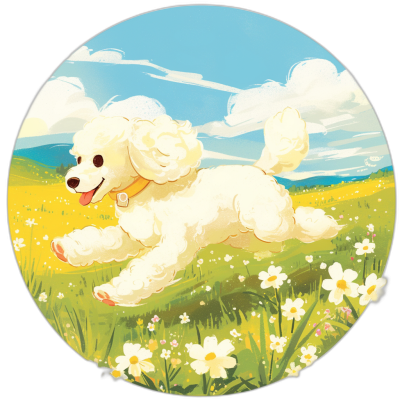 A happy white poodle running in the field, sticker design, vector illustration for children's book, cute cartoon style, bright and vibrant color palette with pastel tones of yellow green blue purple red pink orange black sky, white clouds, daisies and grass background, circular shape, centered composition, high resolution, no text or symbols on the image. The dog is depicted as small, fluffy and playful. It has large eyes that sparkle playfully, mouth open to reveal its tongue and teeth, showing joy.,