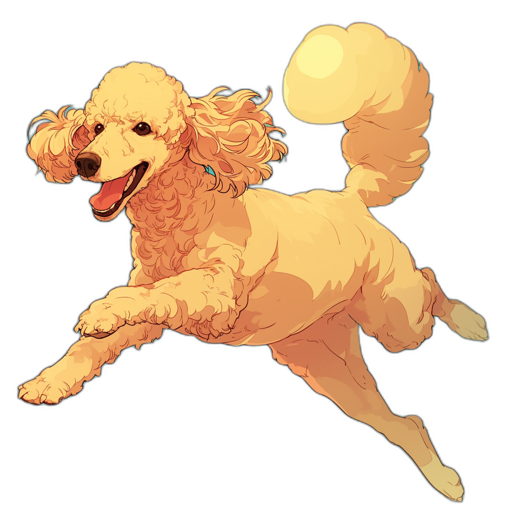 A cute golden poodle dog playing frisbee, jumping up and down with its curled tail. The background is black, with an anime style character design, a flat illustration with simple lines, showing a full body portrait with a high saturation color scheme and high contrast. It has a front view angle with strong light effects. Black background, high resolution. High definition details. in the style of anime character design.