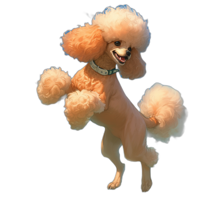 Cute poodle dog with a happy expression jumping up with a fluffy tail on a black background, in the style of Pixar studio, cartoon digital painting illustration with high detail, high quality, high resolution, high definition, soft light, low contrast, low noise, color grading, clean sharp focus with no blur effect.