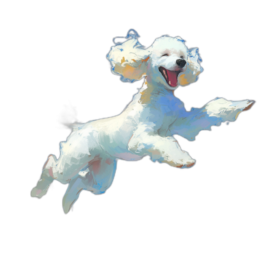 White poodle flying in the air, smiling with a happy expression against a simple black background. The digital art is in the style of a painting illustration with high quality and super detail from a top view angle. The 2D flat design is colorful and depicts the poodle as a cartoon character with high resolution, high definition and high noise.